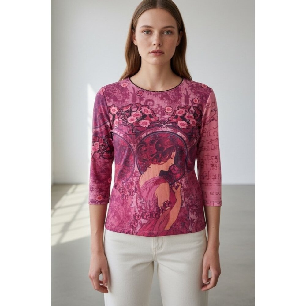 Vintage Y2K Yukiko Poster Girl Graphic Mesh Top Pink Floral Size M